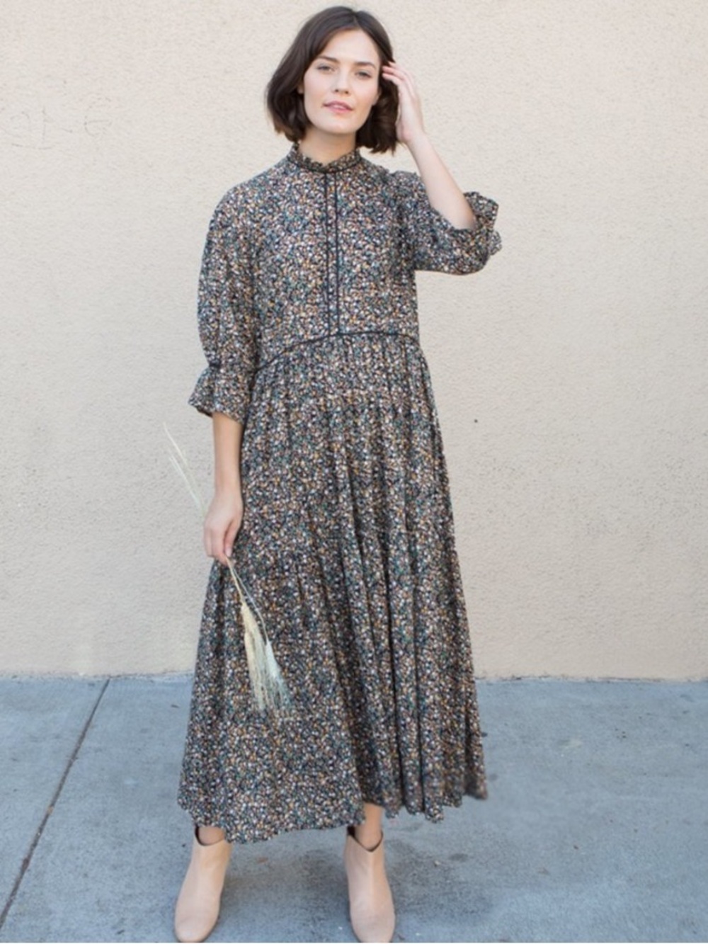 Mirth Long Sleeve High Ruffle Neck Maxi Dress Cotton black floral Small